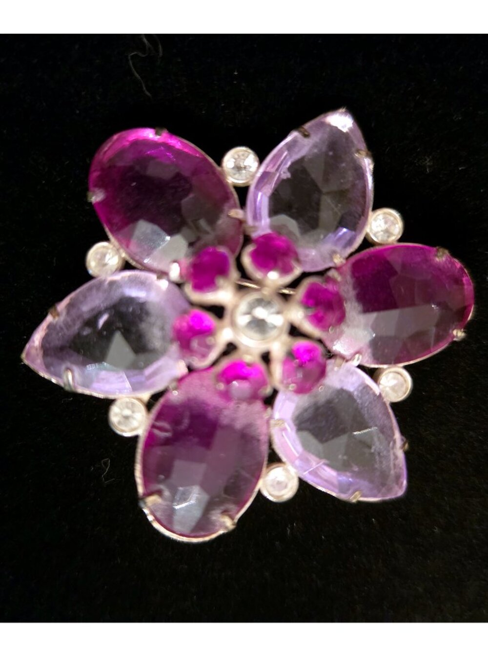 Vintage Silver Tone Orchid Purple Glass Crystal Flower Brooch Rhinestone Accent - Picture 1 of 4